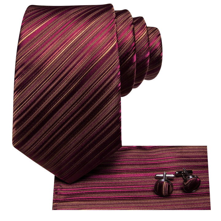 Burgundy Silk Mens Tie Striped Necktie Hanky Cufflinks Set for Wedding Party