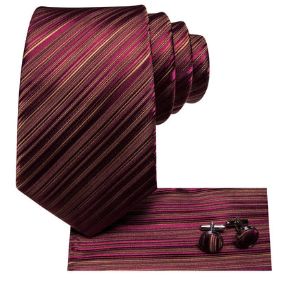 Burgundy Silk Mens Tie Striped Necktie Hanky Cufflinks Set for Wedding Party