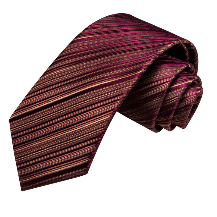 Burgundy Silk Mens Tie Striped Necktie Hanky Cufflinks Set for Wedding Party