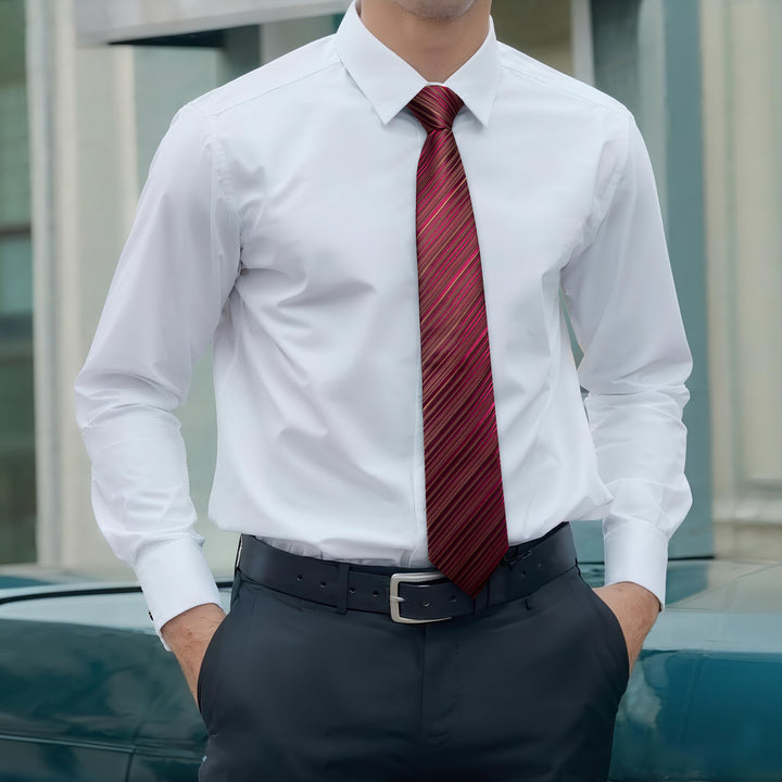 Burgundy Silk Mens Tie Striped Necktie Hanky Cufflinks Set for Wedding Party