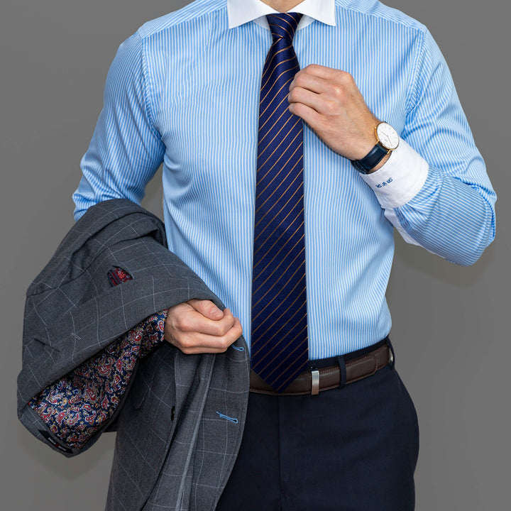 Blue Tie Gold Striped Silk Men's Tie Hanky Cufflinks Set Classic Formal