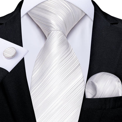 Striped Tie for Men White Silk Tuxedo Necktie Handkercheif Cufflinks Set