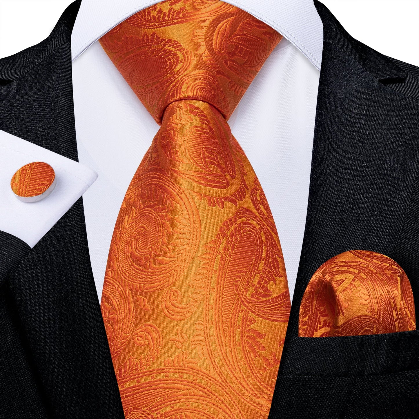 Mens Orange Silk Tie Paisley Wedding Business Necktie Hanky Cufflinks Set
