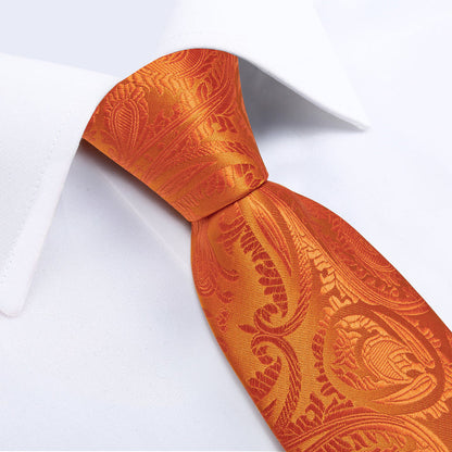 Mens Orange Silk Tie Paisley Wedding Business Necktie Hanky Cufflinks Set