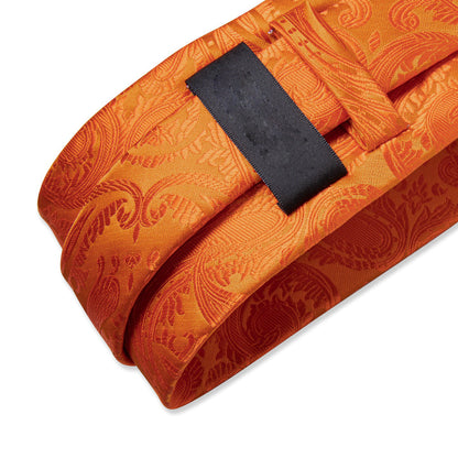 Mens Orange Silk Tie Paisley Wedding Business Necktie Hanky Cufflinks Set