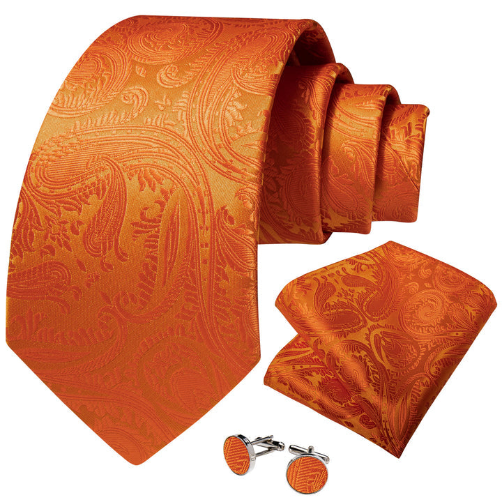 Mens Orange Silk Tie Paisley Wedding Business Necktie Hanky Cufflinks Set