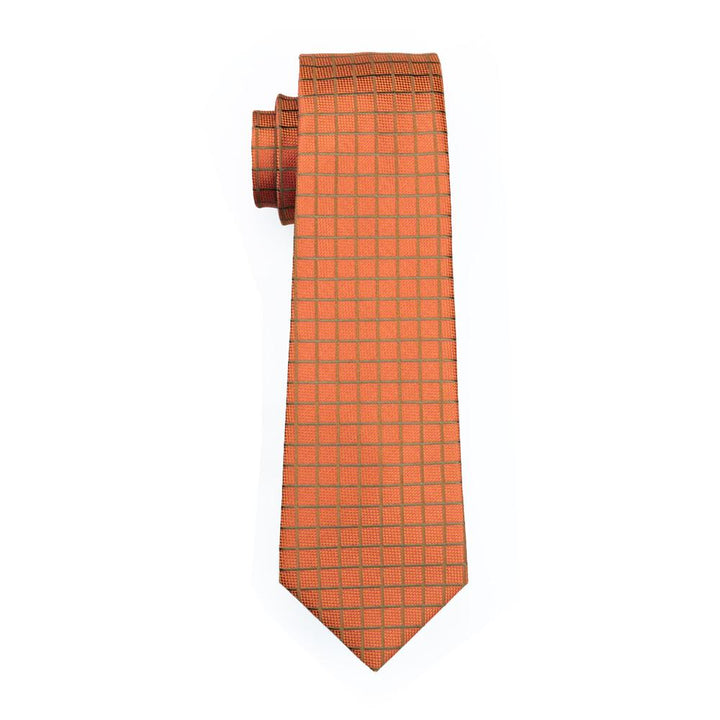 Orange Plaid Silk Mens Tie Mens Silk Formal Necktie Pocket Square Cufflinks Set