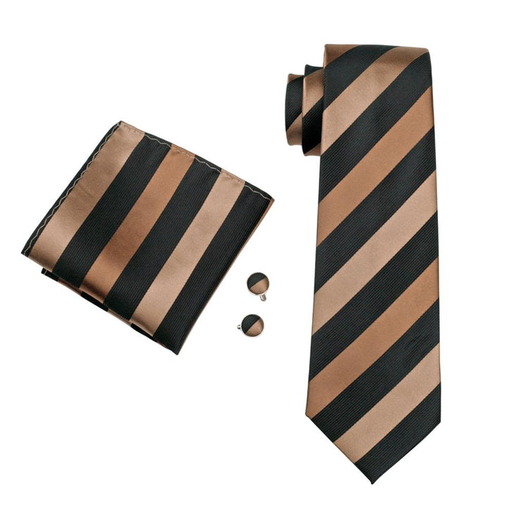 Silver Brown Black Striped Silk Men's Tie Pocket Square Cufflinks Set