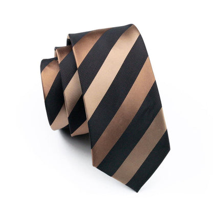 Black Champagne Striped Men's Necktie Pocket Square Cufflinks Set with Lapel Pin