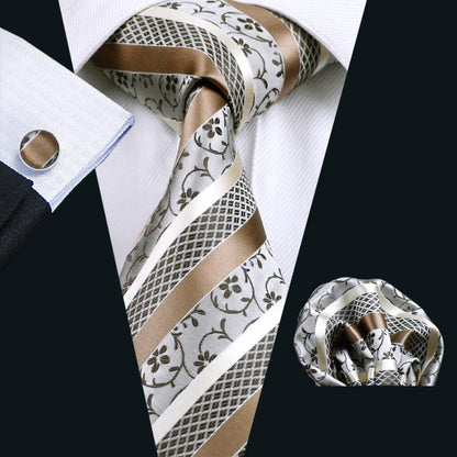 Fashion Champagne White Striped Silk Men's Tie Pocket Square Cufflinks Set