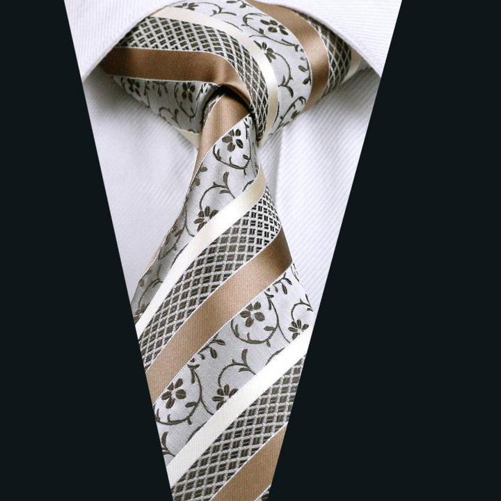 Fashion Champagne White Striped Silk Men's Tie Pocket Square Cufflinks Set