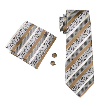Fashion Champagne White Striped Silk Men's Tie Pocket Square Cufflinks Set